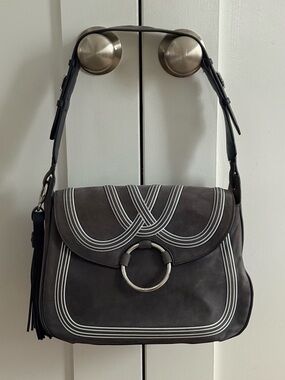 Tory Burch Blue Saddle Bag with White Stitching and Ring Detail